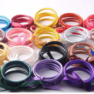 Women Simple Fashion PVC Silicone Tube Gold Foil Bangle (9 Pieces/Set)