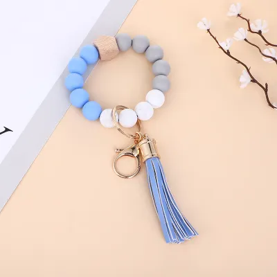 Women's Fashion Multicolor Wood Rubber Beads Tassel Bracelet Key Chain