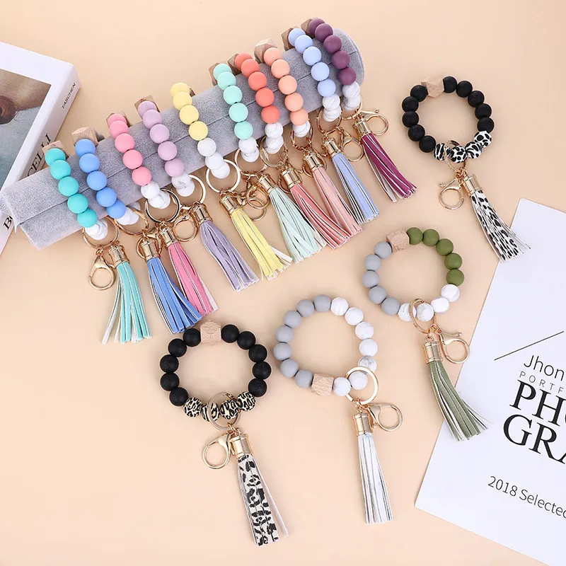Women's Fashion Multicolor Wood Rubber Beads Tassel Bracelet Key Chain