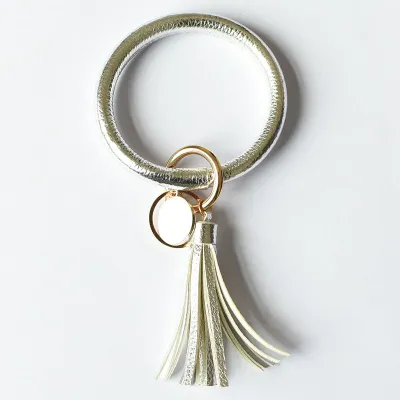 Women Fashion Multiple Printing Pu Leather Bangle Tassel Key Chain