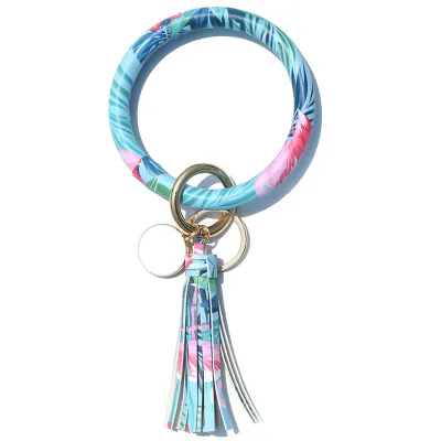 Women Fashion Multiple Printing Pu Leather Bangle Tassel Key Chain