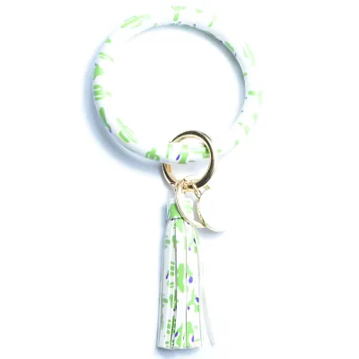 Women Fashion Multiple Printing Pu Leather Bangle Tassel Key Chain