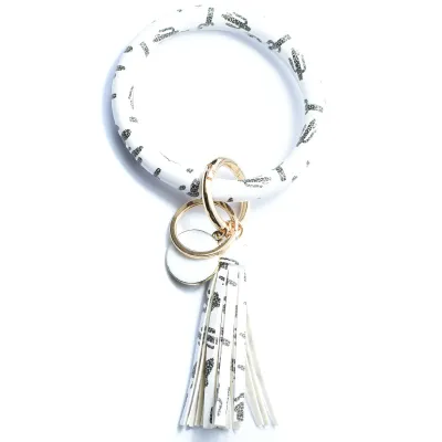 Women Fashion Multiple Printing Pu Leather Bangle Tassel Key Chain