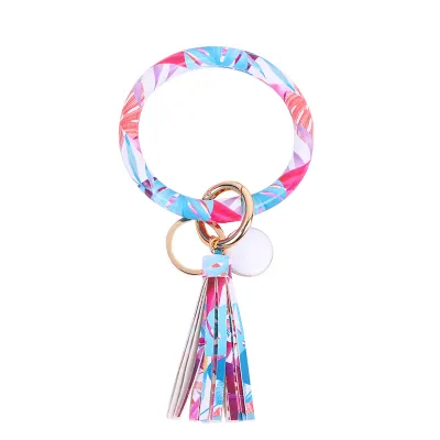 Women Fashion Multiple Printing Pu Leather Bangle Tassel Key Chain