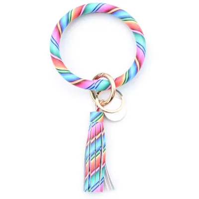 Women Fashion Multiple Printing Pu Leather Bangle Tassel Key Chain
