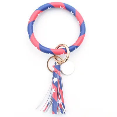 Women Fashion Multiple Printing Pu Leather Bangle Tassel Key Chain