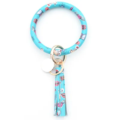Women Fashion Multiple Printing Pu Leather Bangle Tassel Key Chain