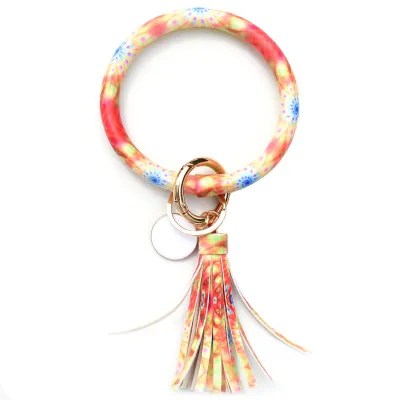 Women Fashion Multiple Printing Pu Leather Bangle Tassel Key Chain