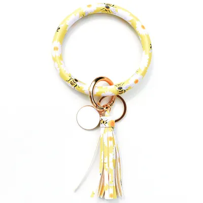 Women Fashion Multiple Printing Pu Leather Bangle Tassel Key Chain