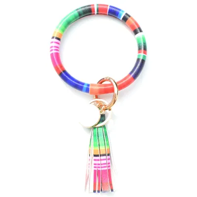 Women Fashion Multiple Printing Pu Leather Bangle Tassel Key Chain