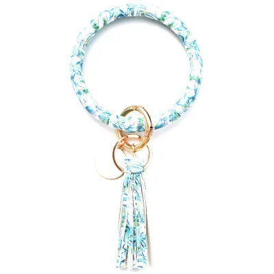 Women Fashion Multiple Printing Pu Leather Bangle Tassel Key Chain