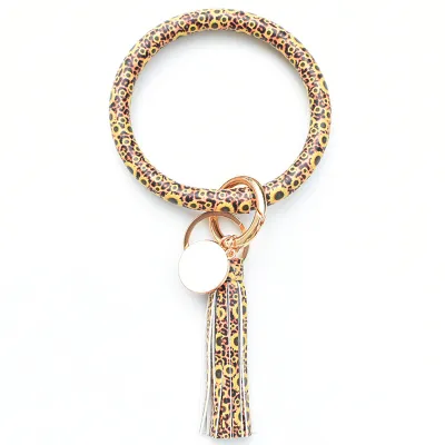Women Fashion Multiple Printing Pu Leather Bangle Tassel Key Chain