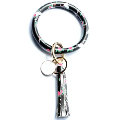 Women Fashion Multiple Printing Pu Leather Bangle Tassel Key Chain