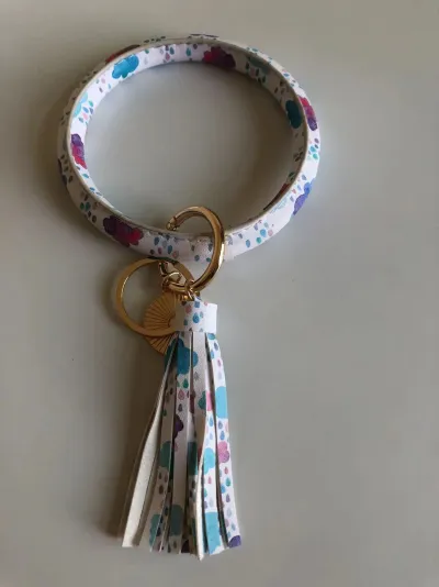 Women Fashion Multiple Printing Pu Leather Bangle Tassel Key Chain