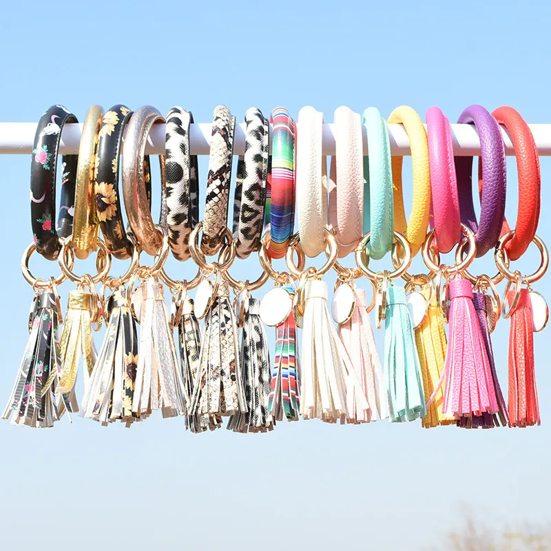 Women Fashion Multiple Printing Pu Leather Bangle Tassel Key Chain