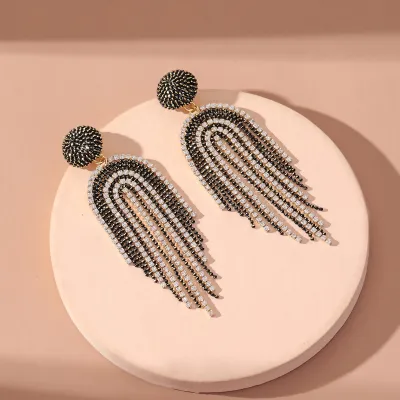 Women's Fashion Zircon Beaded Tassel Geometric Earrings Set