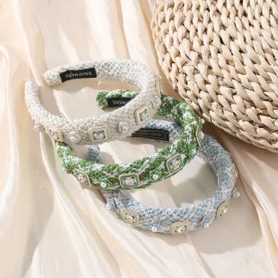 Women'S Fashion Fabric Hand Stitched Pearl Rhinestone Sponge Headband
