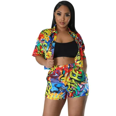 Summer Women's Casual Urban Style Geometric Print Lapel Single-Breasted Short Sleeve Two-Piece Set