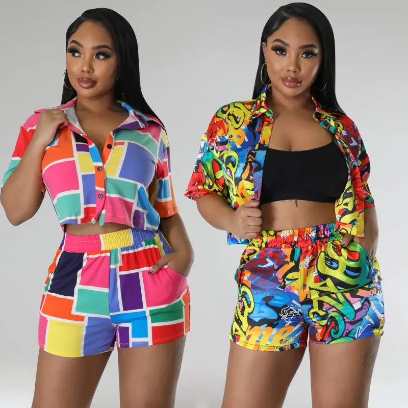 Summer Women's Casual Urban Style Geometric Print Lapel Single-Breasted Short Sleeve Two-Piece Set