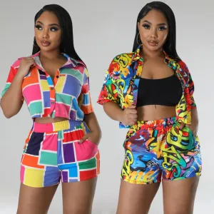Summer Women's Casual Urban Style Geometric Print Lapel Single-Breasted Short Sleeve Two-Piece Set
