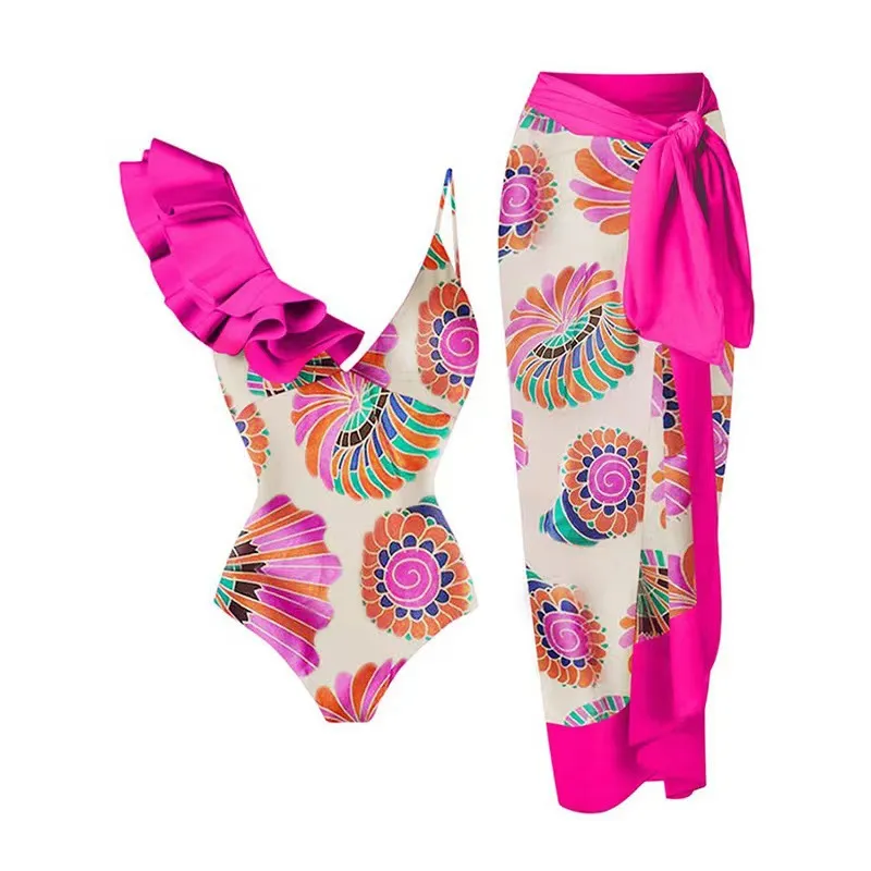 Women's Fashion Ruffled Floral Print One-Piece Vacation Swimsuit