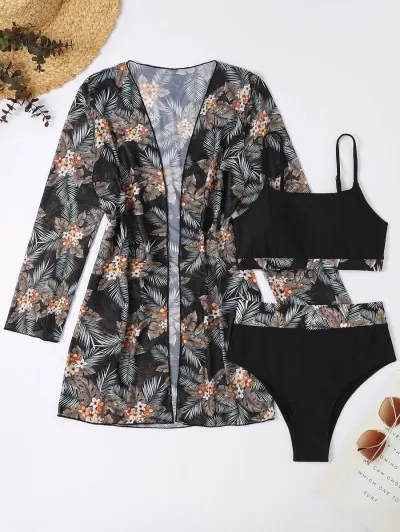 Women Summer Vacation Sexy Leaf Floral Printed Swimsuit Set