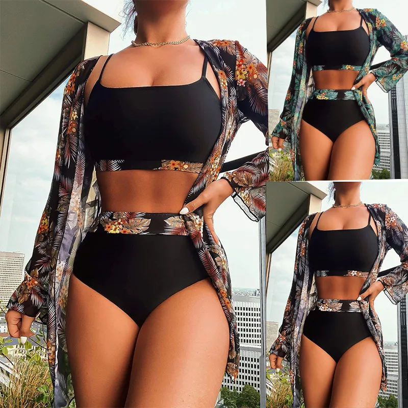Women Summer Vacation Sexy Leaf Floral Printed Swimsuit Set