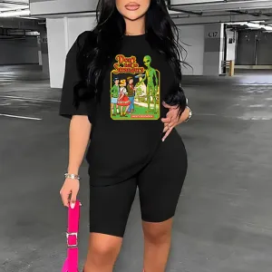 Plus Size Women Casual Urban Style Polyester T-Shirt Shorts Two-Piece Set