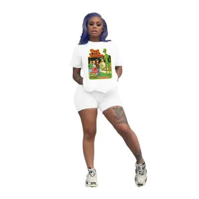 Plus Size Women Casual Urban Style Polyester T-Shirt Shorts Two-Piece Set