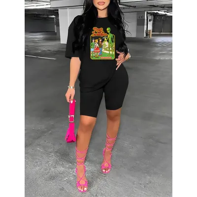 Plus Size Women Casual Urban Style Polyester T-Shirt Shorts Two-Piece Set