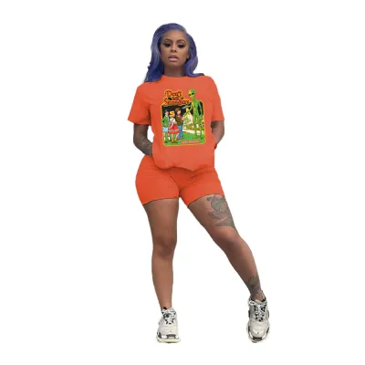 Plus Size Women Casual Urban Style Polyester T-Shirt Shorts Two-Piece Set