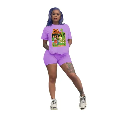 Plus Size Women Casual Urban Style Polyester T-Shirt Shorts Two-Piece Set