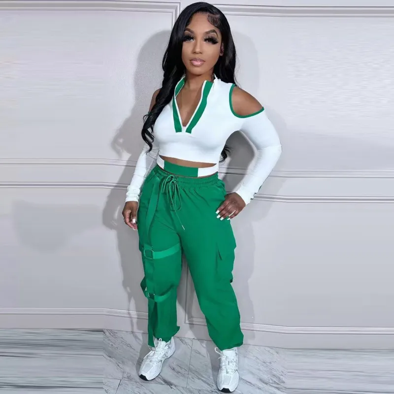 Women Fashion Sports Athleisure Cool-Shoulder Long Sleeve Crop Top And Sweatpants Color Blocking Set