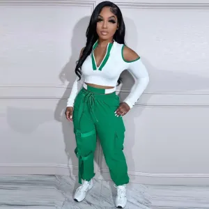 Women Fashion Sports Athleisure Cool-Shoulder Long Sleeve Crop Top And Sweatpants Color Blocking Set