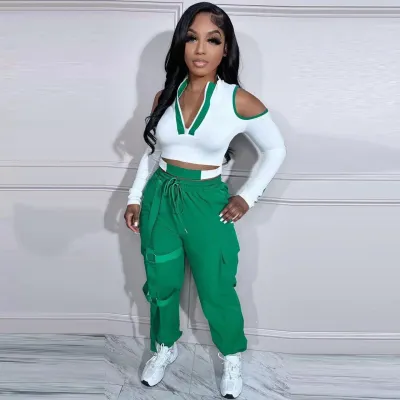 Women Fashion Sports Athleisure Cool-Shoulder Long Sleeve Crop Top And Sweatpants Color Blocking Set