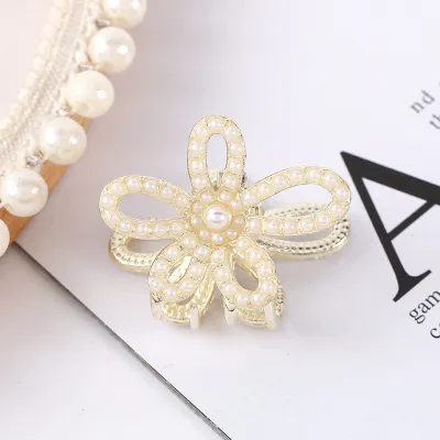 Women Fashion Small Imitation Pearls Bow Geometric Hair Claws