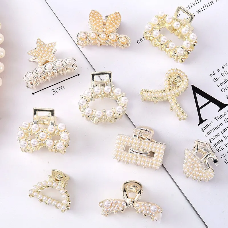 Women Fashion Small Imitation Pearls Bow Geometric Hair Claws