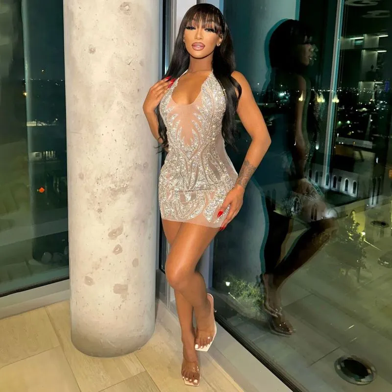 Women Summer Temperament Elegant Dinner Dress Short Rhinestone Mesh Dress
