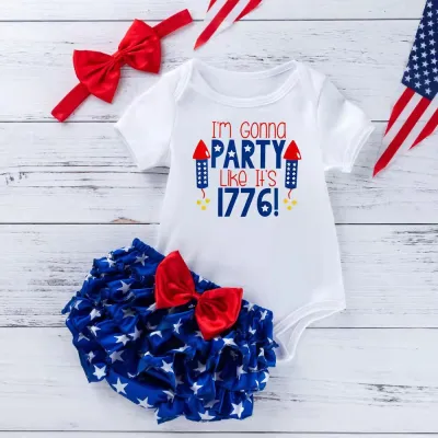 Toddlers Newborn Baby Girls Fashion Independence Day Short Sleeve Print Cotton Bodysuit And Star Print Shorts 3pcs Set