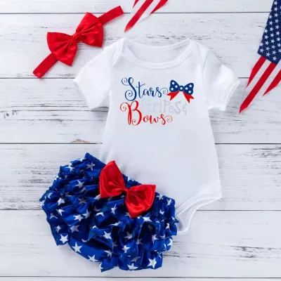 Toddlers Newborn Baby Girls Fashion Independence Day Short Sleeve Print Cotton Bodysuit And Star Print Shorts 3pcs Set
