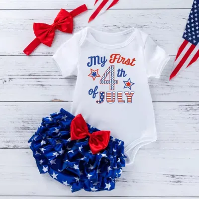 Toddlers Newborn Baby Girls Fashion Independence Day Short Sleeve Print Cotton Bodysuit And Star Print Shorts 3pcs Set