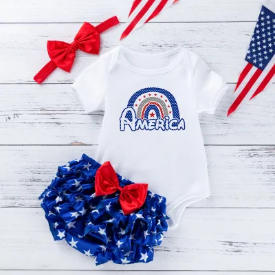 Toddlers Newborn Baby Girls Fashion Independence Day Short Sleeve Print Cotton Bodysuit And Star Print Shorts 3pcs Set