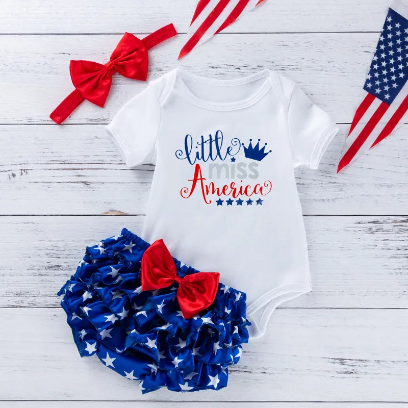 Toddlers Newborn Baby Girls Fashion Independence Day Short Sleeve Print Cotton Bodysuit And Star Print Shorts 3pcs Set