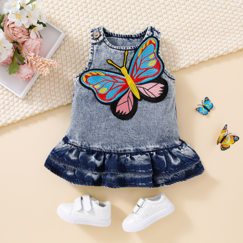 Wholesale Toddlers Newborn Baby Fashion Girls Sleeveless Butterfly Embroidered Sleeveless Denim Dress