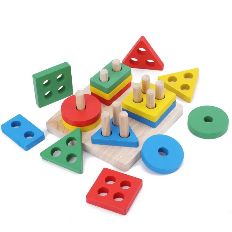 Children Kids Baby Educational Geometric Shapes Matching Building Blocks Toy - Wooden