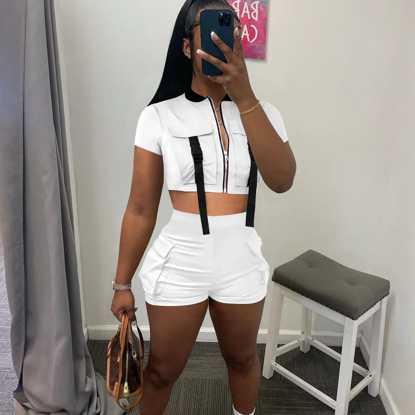 Women's Fashion Summer Street Style Short-Sleeved Zipper Top Shorts Two-Piece Set