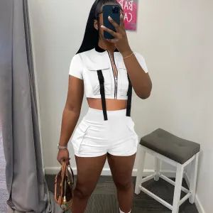 Women's Fashion Summer Street Style Short-Sleeved Zipper Top Shorts Two-Piece Set