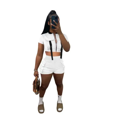 Women's Fashion Summer Street Style Short-Sleeved Zipper Top Shorts Two-Piece Set