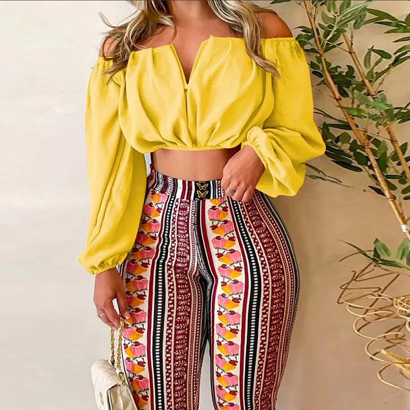 Summer Vacation Women Off-Shoulder Long Sleeve Blouse Printed Pencil Pants Set