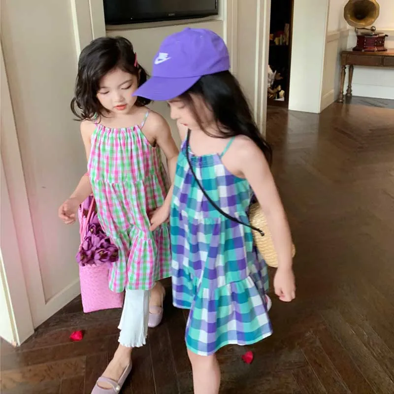 Children Kids Baby Girls Sleeveless Cartoon Plaid Print A Line Dress 0-3T